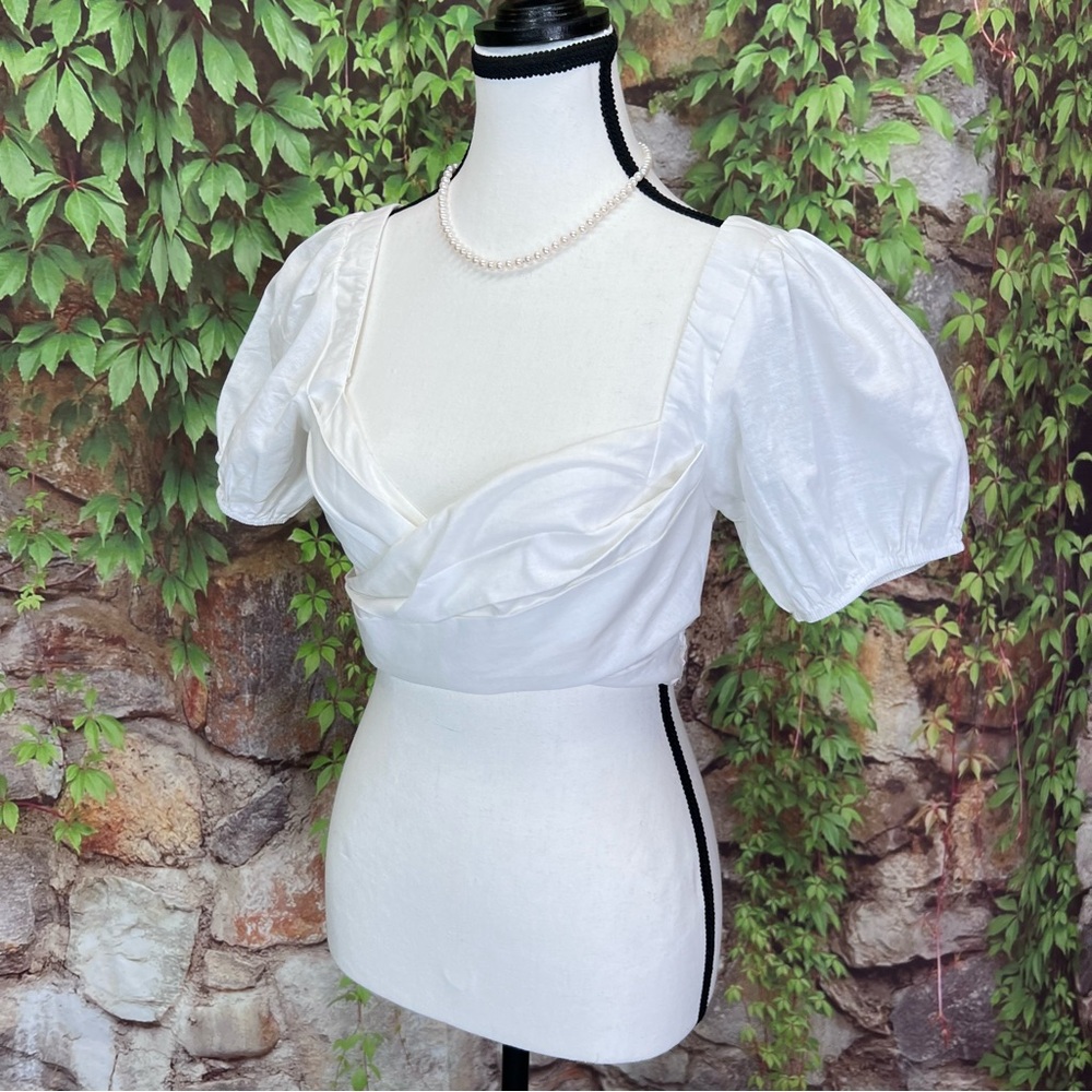 HELLO MOLLY Cottagecore White Wrap Crop Top with Shirred Back, S/4 - Picture 4 of 10
